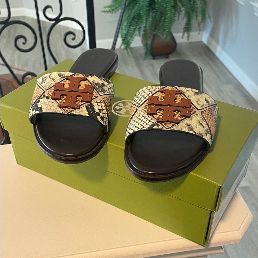 Tory Burch Everly Slide Diamant Snakeskin and Leather Sandals